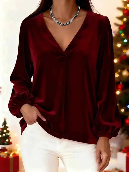 Full Size Velvet V - Neck Balloon Sleeve Blouse Plus Size