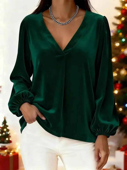 Full Size Velvet V - Neck Balloon Sleeve Blouse Plus Size