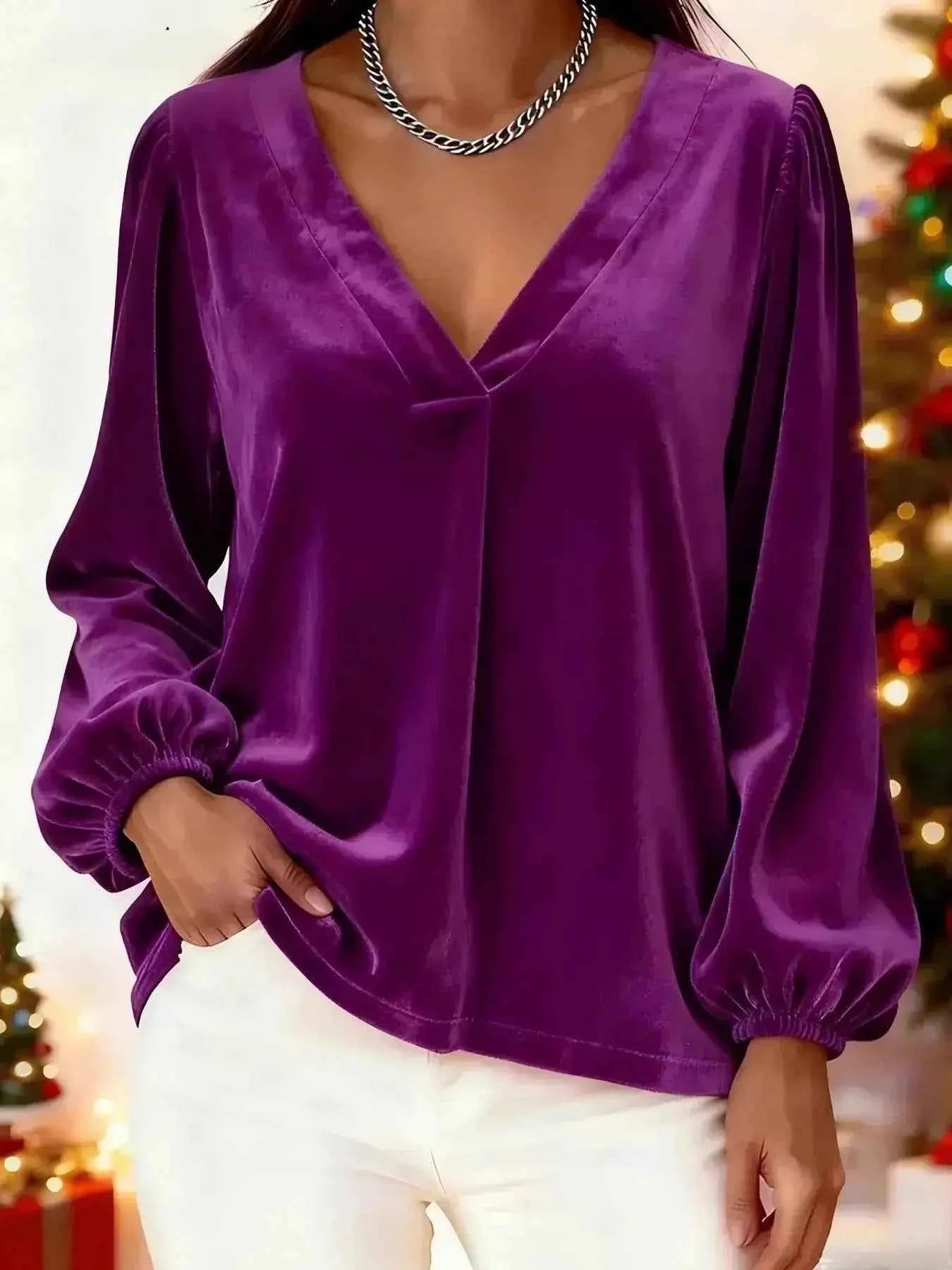 Full Size Velvet V - Neck Balloon Sleeve Blouse Plus Size