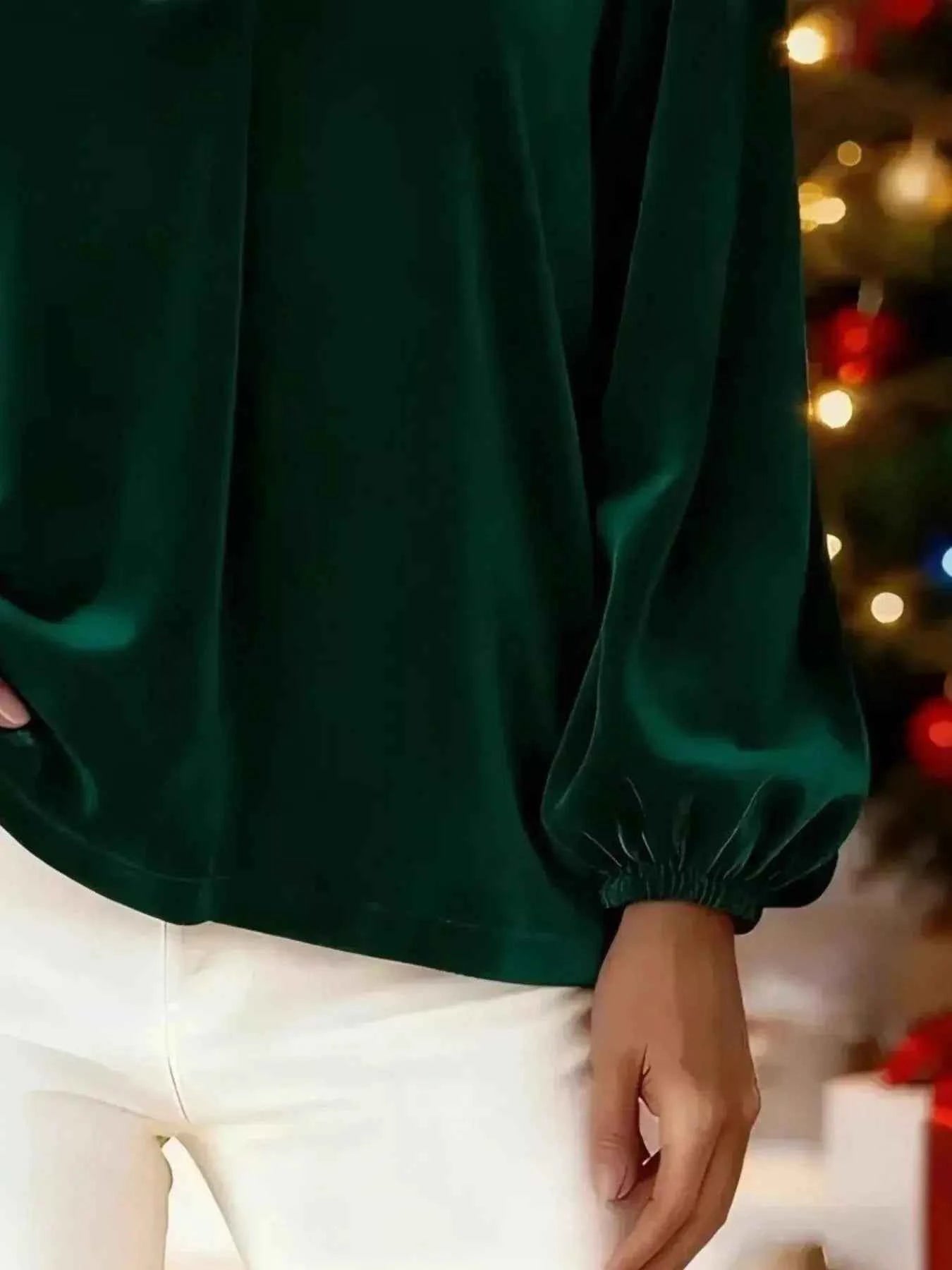 Full Size Velvet V - Neck Balloon Sleeve Blouse Plus Size