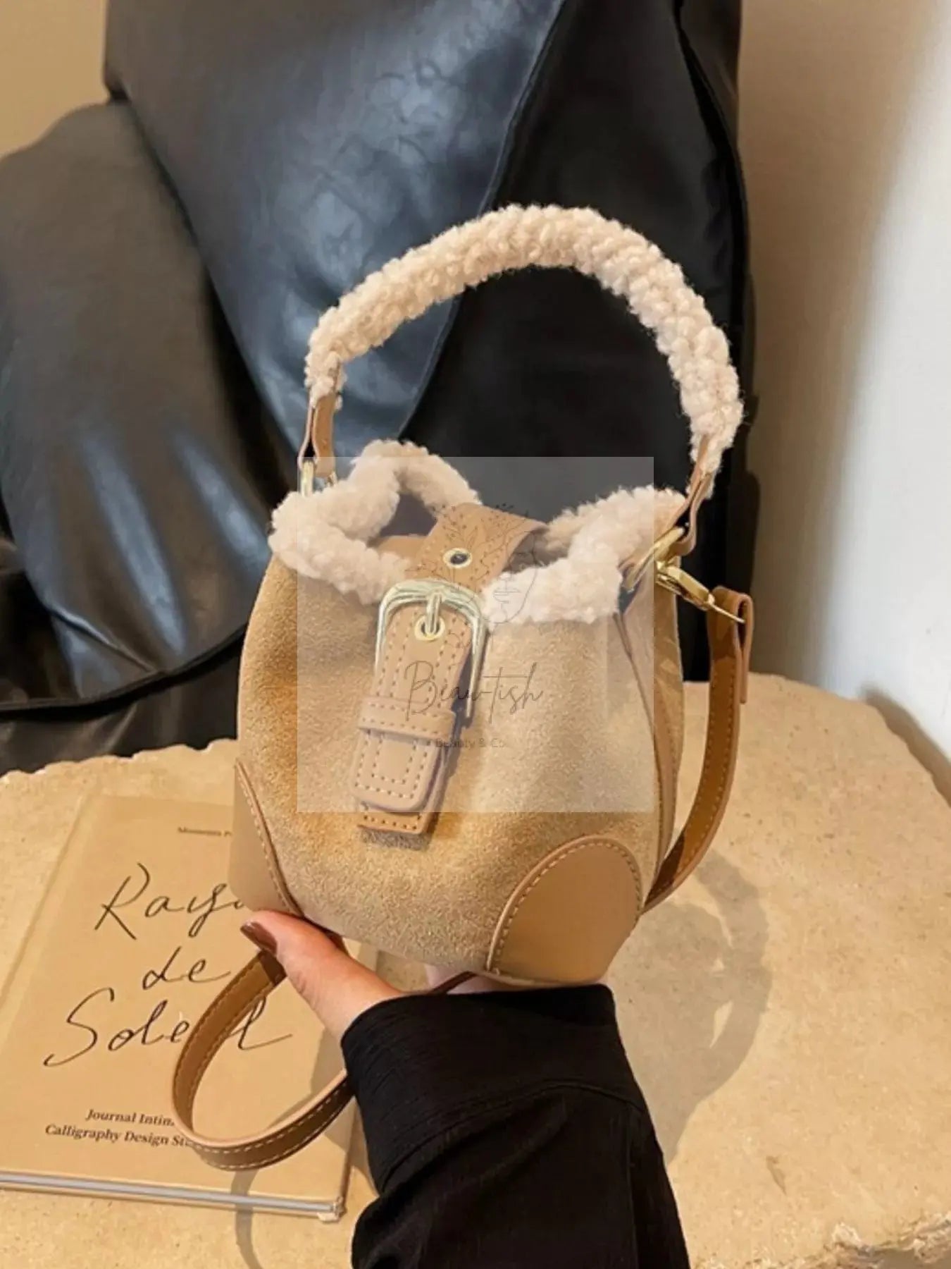 Fuzzy Trim Bucket Crossbody Bag