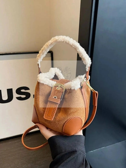 Fuzzy Trim Bucket Crossbody Bag