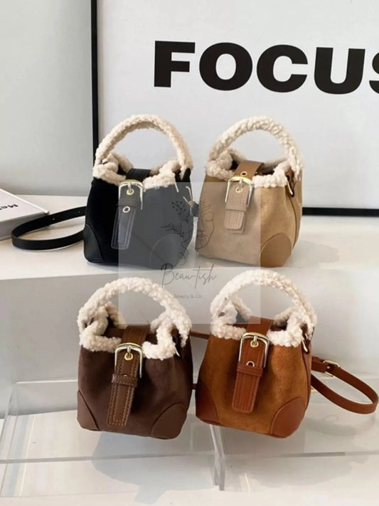 Fuzzy Trim Bucket Crossbody Bag