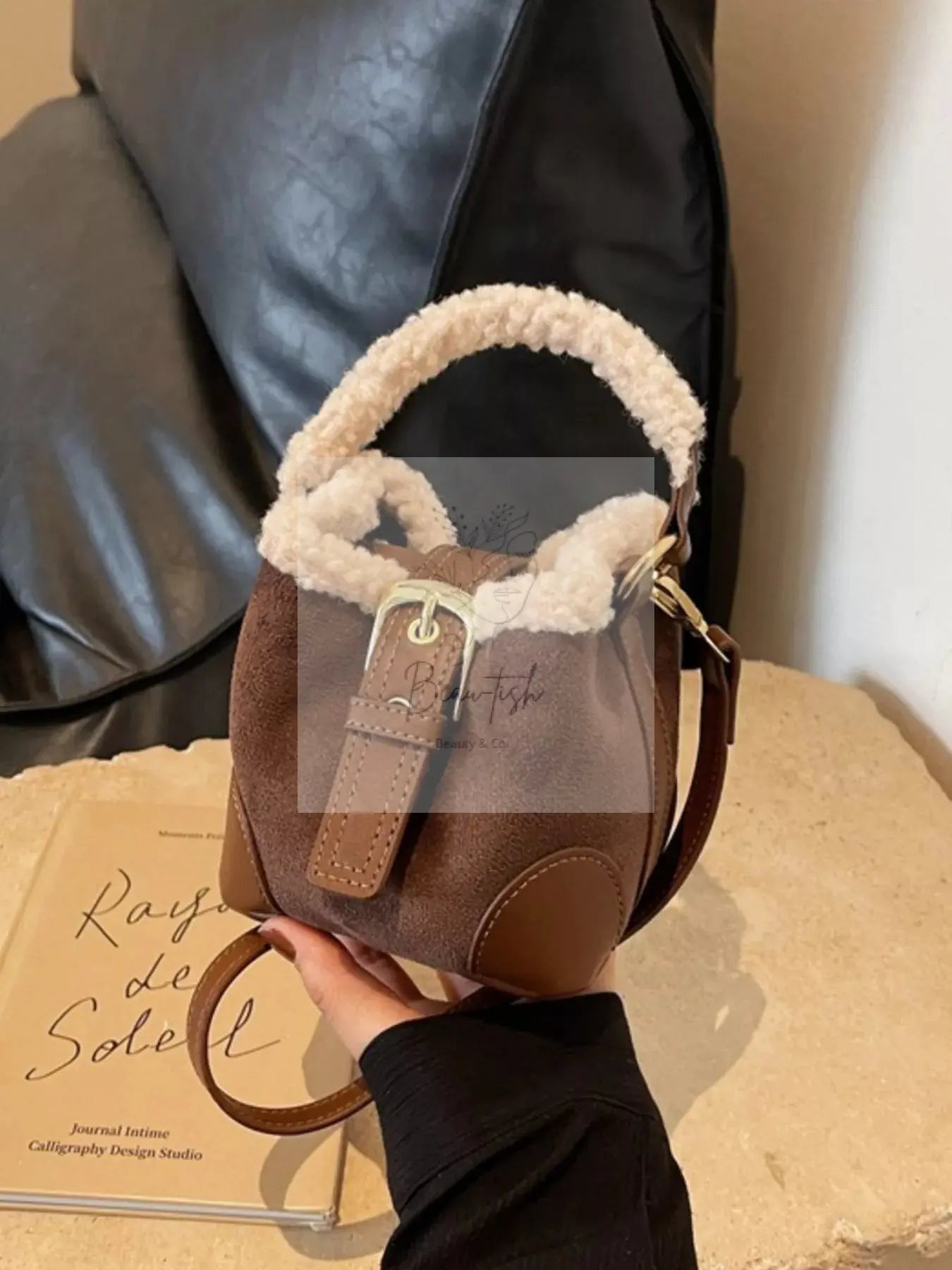Fuzzy Trim Bucket Crossbody Bag
