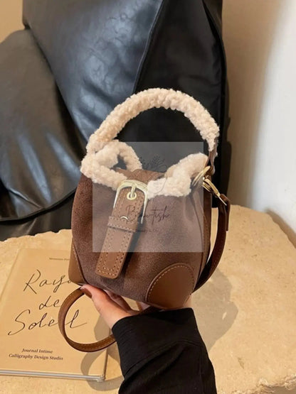 Fuzzy Trim Bucket Crossbody Bag