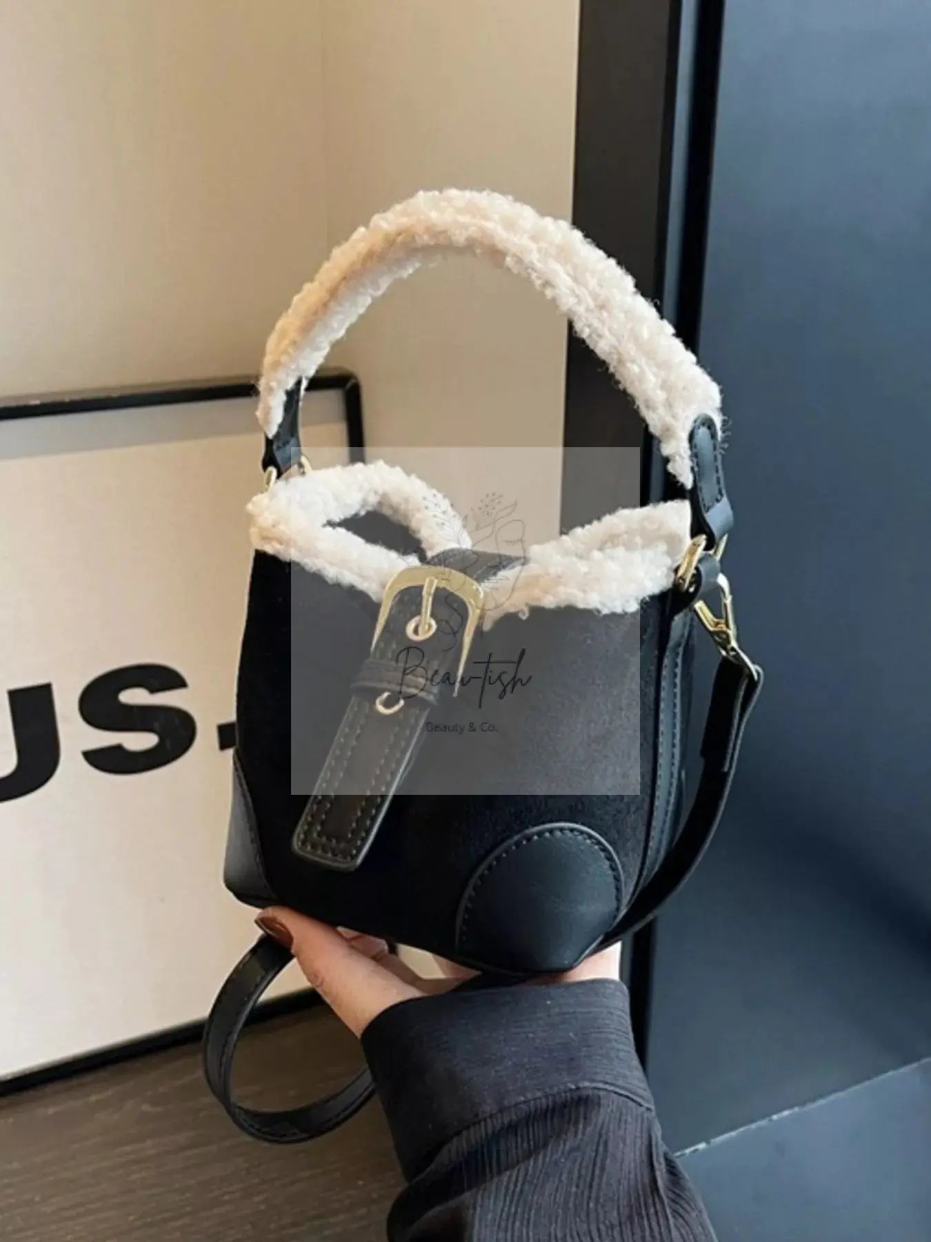 Fuzzy Trim Bucket Crossbody Bag