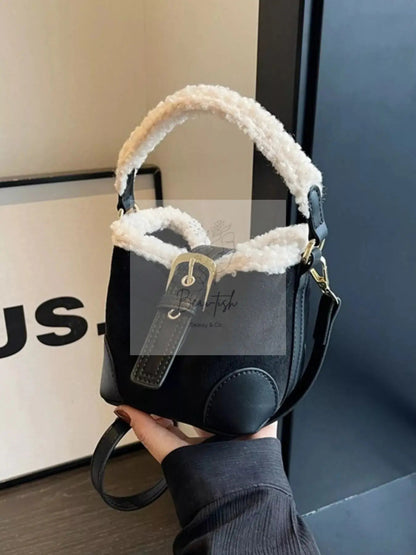 Fuzzy Trim Bucket Crossbody Bag