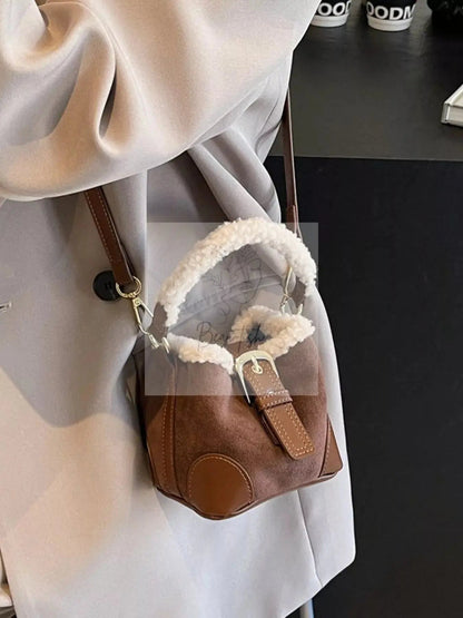 Fuzzy Trim Bucket Crossbody Bag