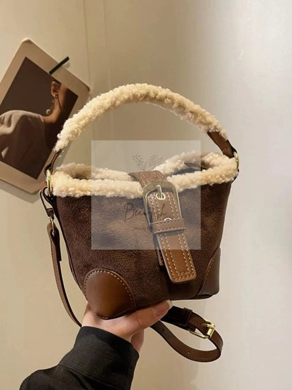 Fuzzy Trim Bucket Crossbody Bag