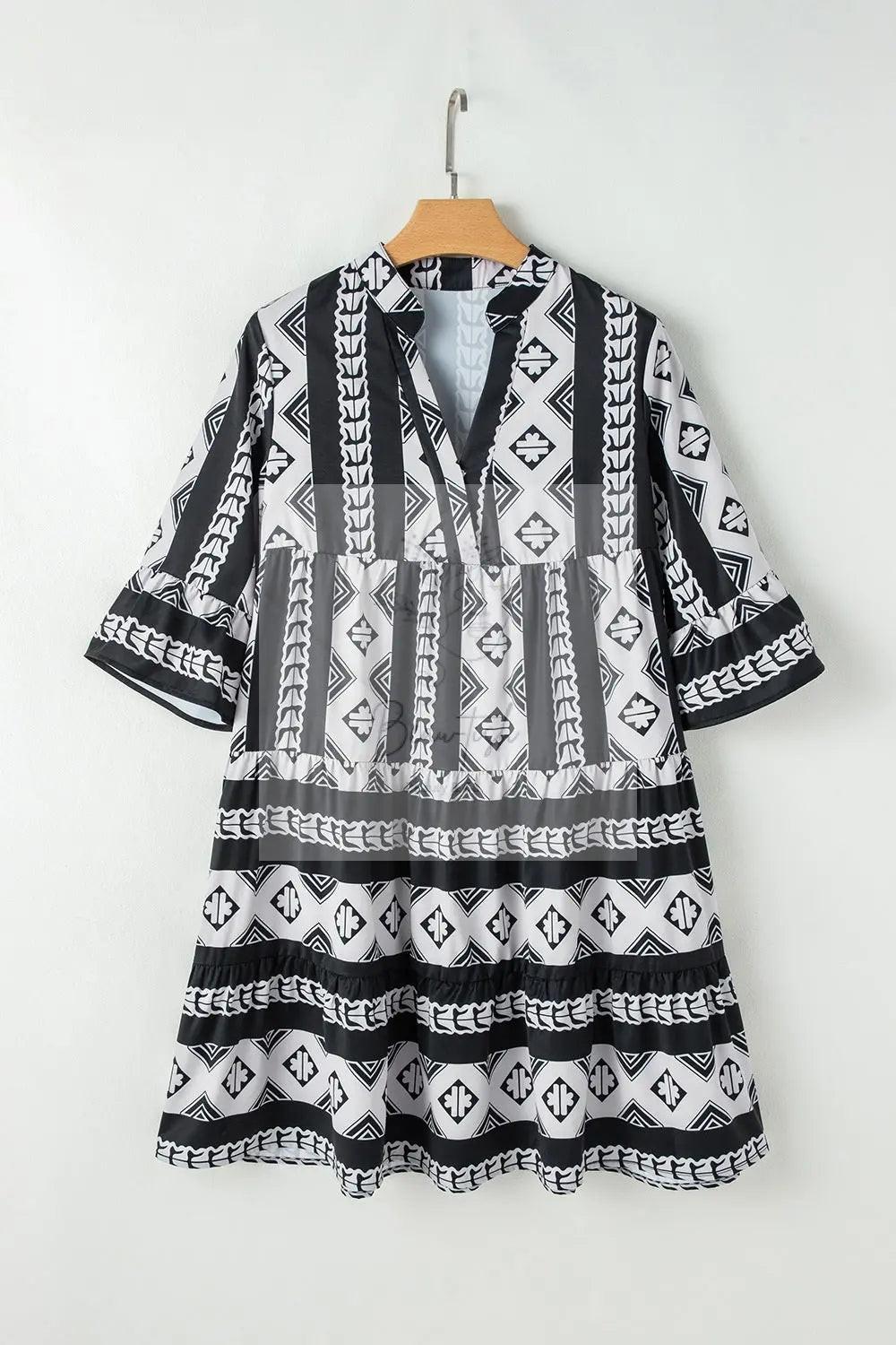 Geometric Print Ruffle Hem Mini Dress