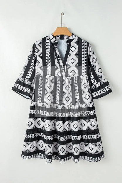 Geometric Print Ruffle Hem Mini Dress