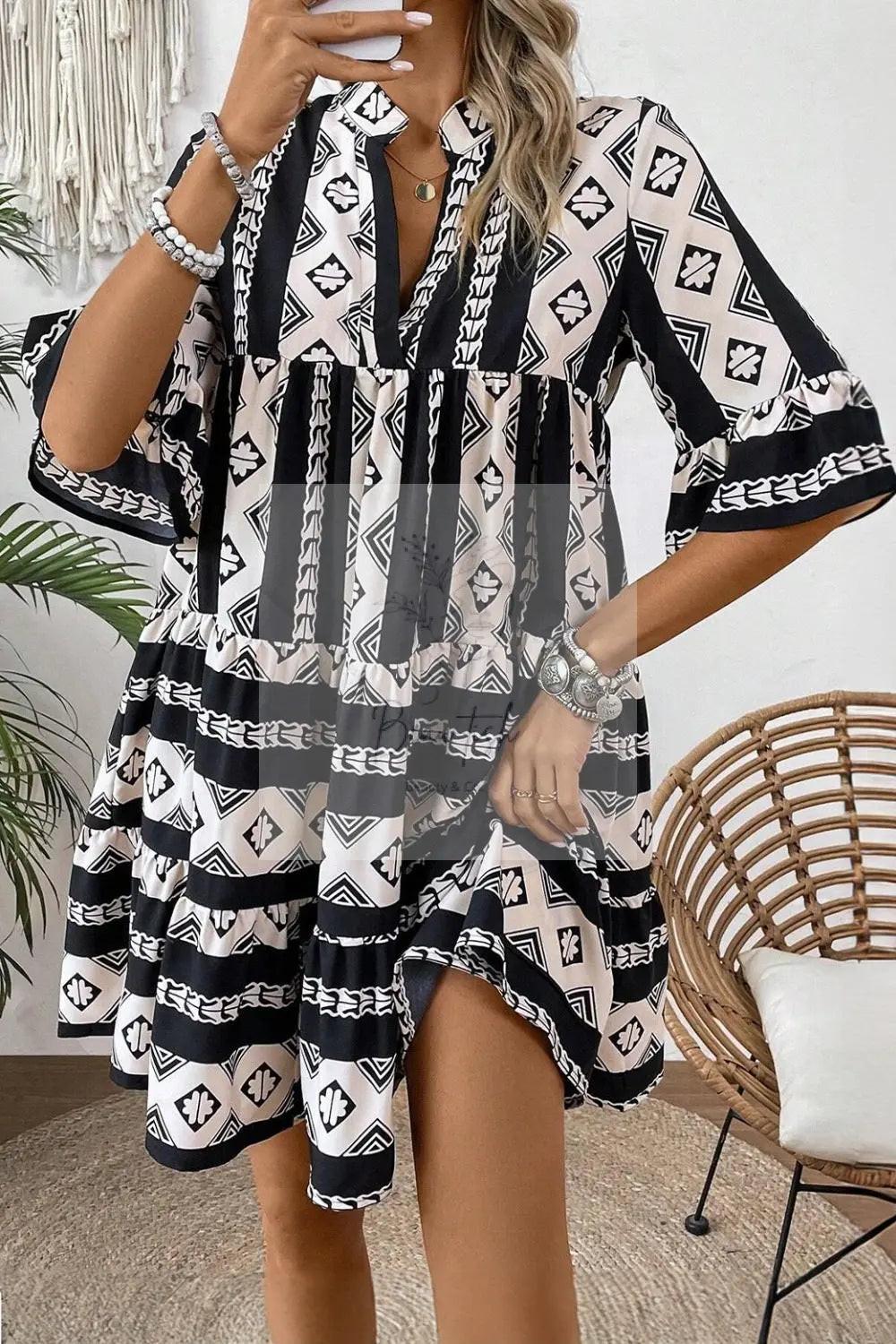 Geometric Print Ruffle Hem Mini Dress