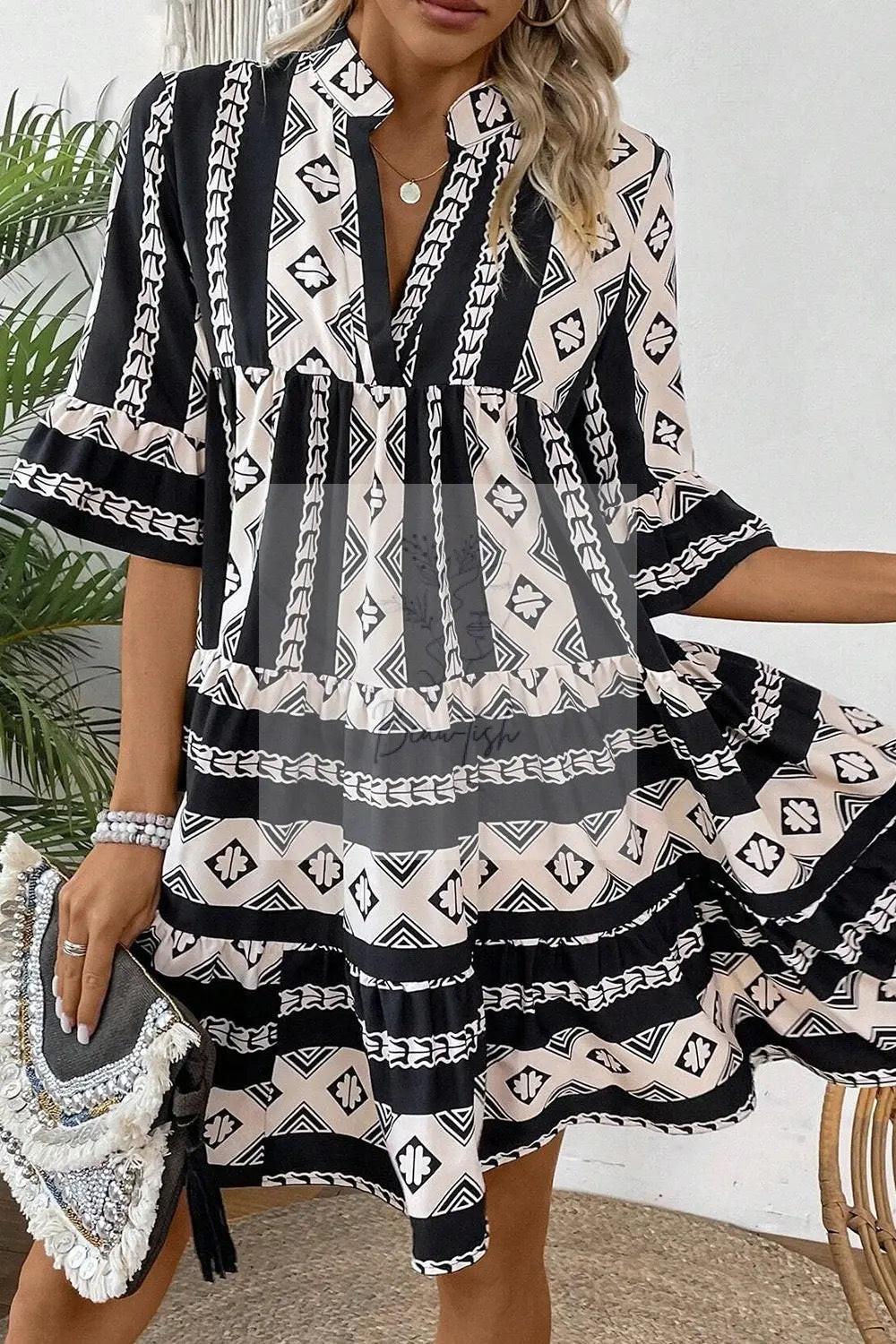 Geometric Print Ruffle Hem Mini Dress