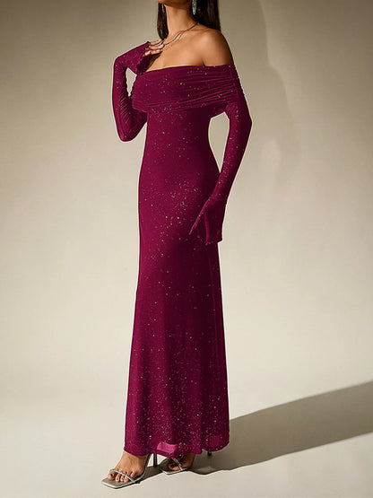 Glitter Off-Shoulder Maxi Dress