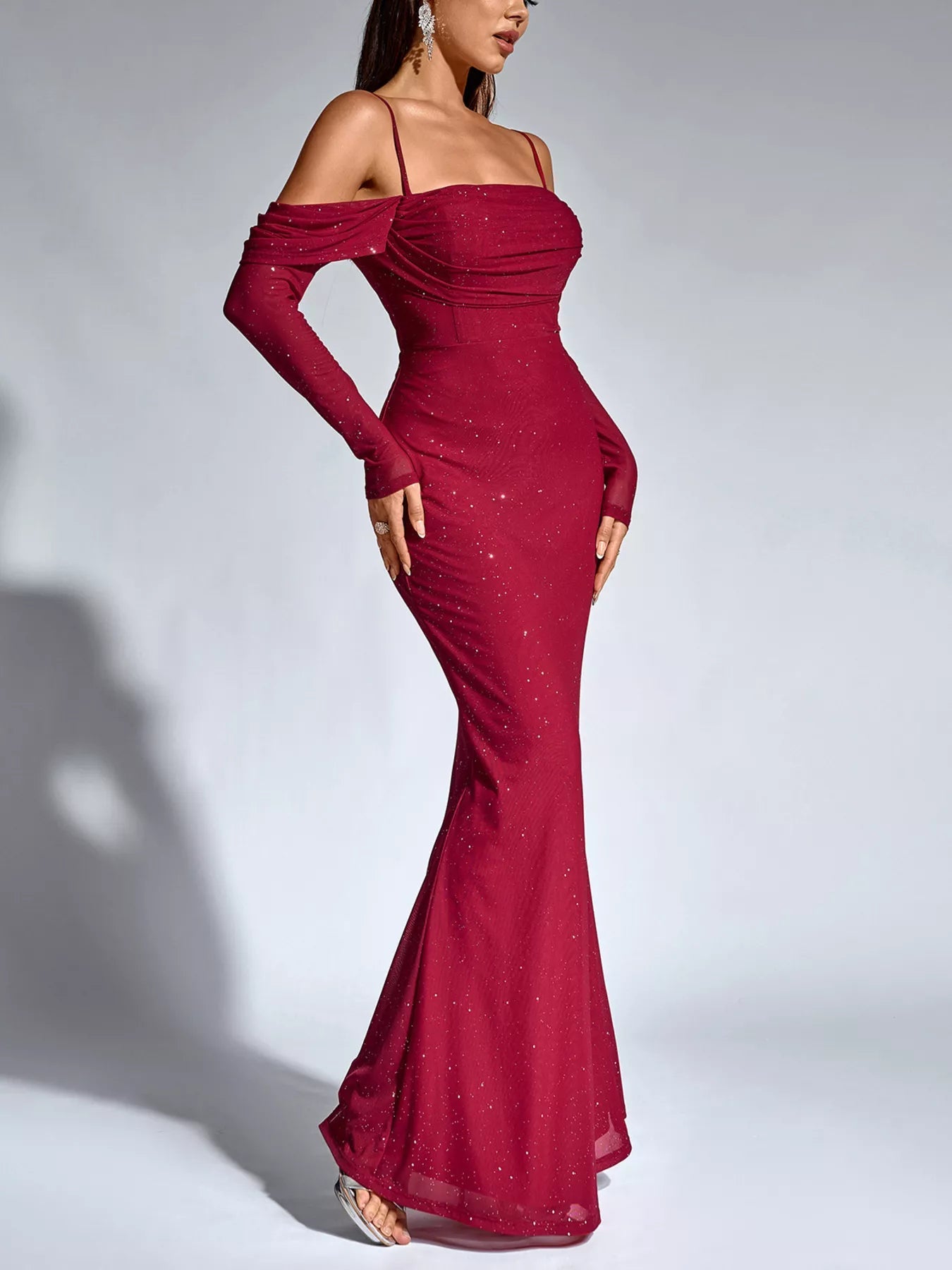 Glitter Ruched Long Sleeve Mermaid Maxi Dress