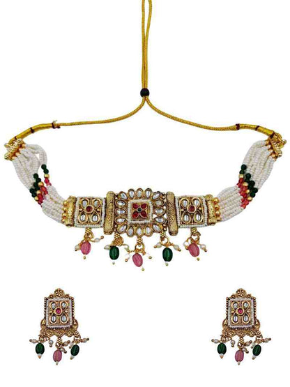 Gold Plated Kundan Meenakari Choker Necklace Set Multicolor