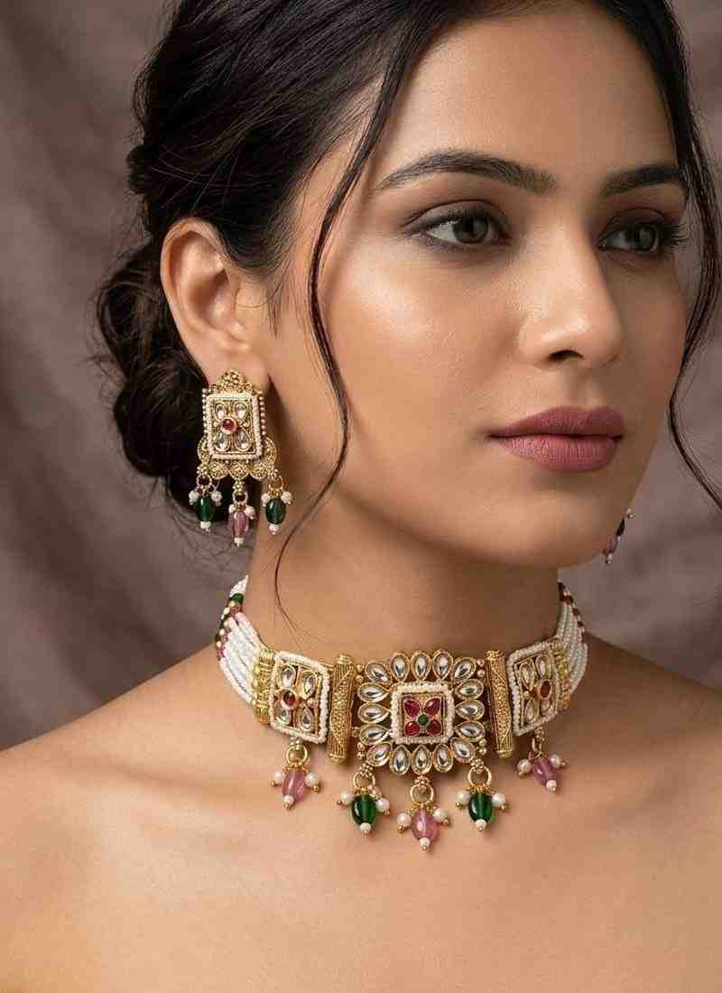 Gold Plated Kundan Meenakari Choker Necklace Set Multicolor
