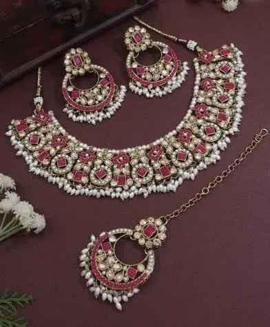 Gold Plated Traditional Floral Kundan & Pearl Choker Necklace Jewellery Earrings & Maang Tikka Set