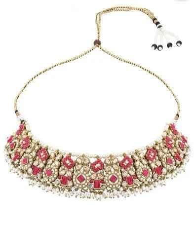 Gold Plated Traditional Floral Kundan & Pearl Choker Necklace Jewellery Earrings & Maang Tikka Set