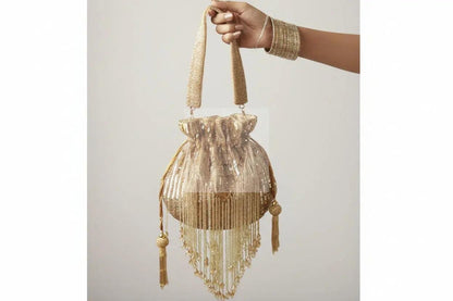 Gold Silk Tassles Potli (evening bag) With Handle