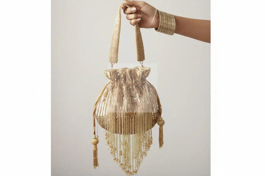 Gold Silk Tassles Potli (evening bag) With Handle