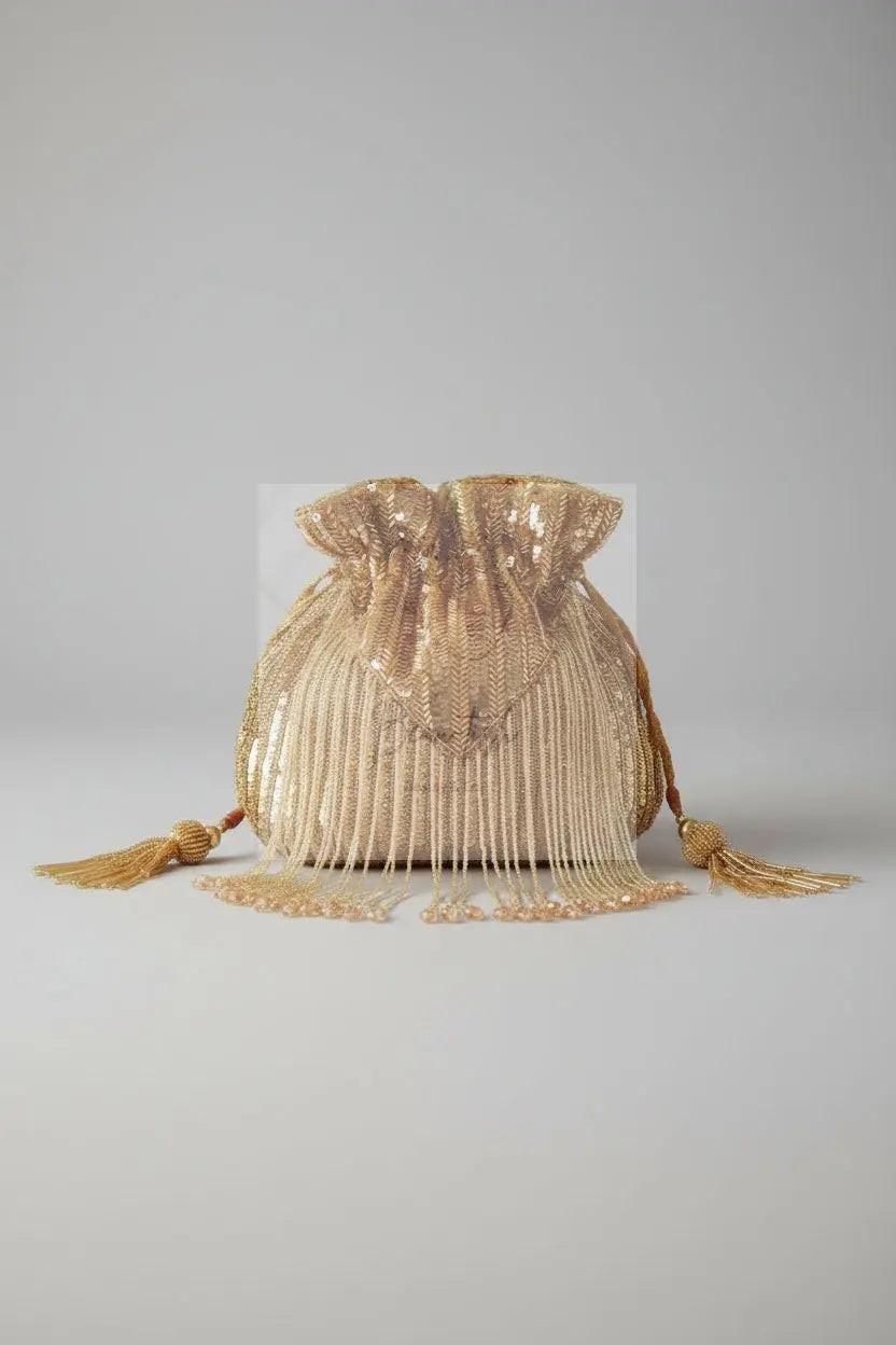 Gold Silk Tassles Potli (evening bag) With Handle