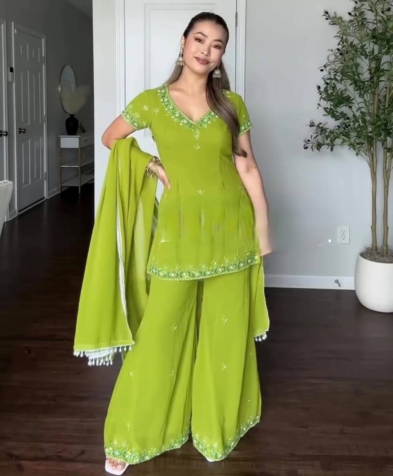 Green Embroidered Georgette Sharara Set