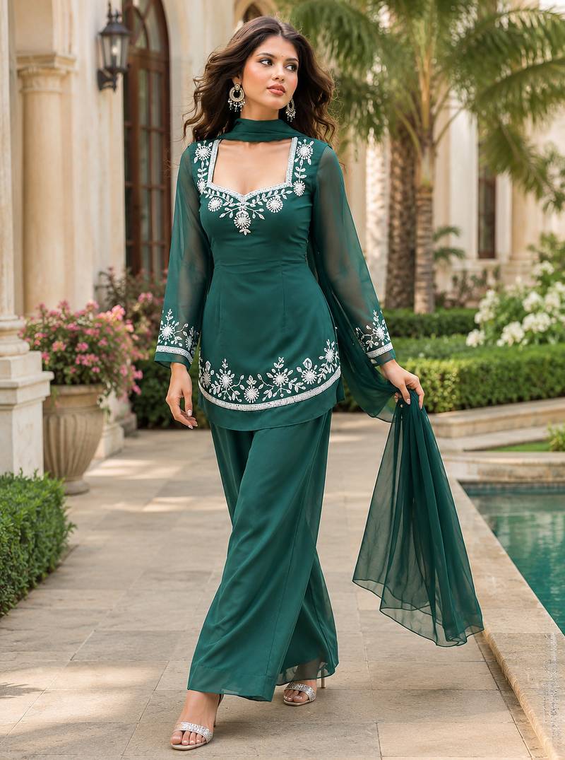 Green Georgette Palazzo Suit with Dupatta