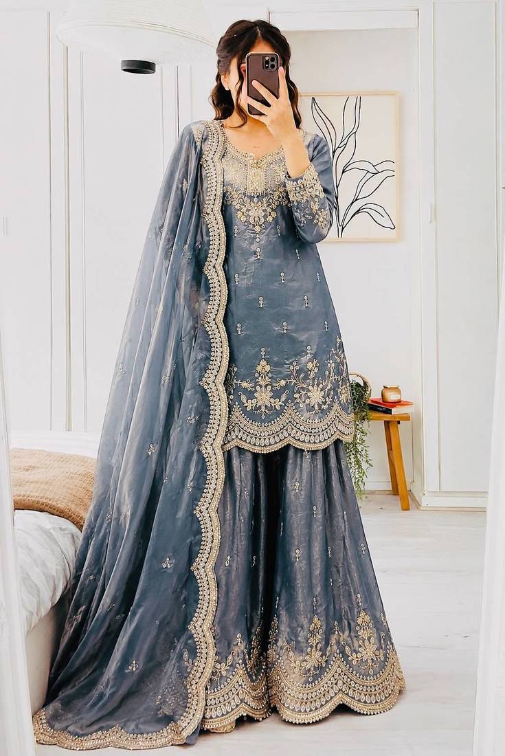 Grey Embroidered Sharara Set