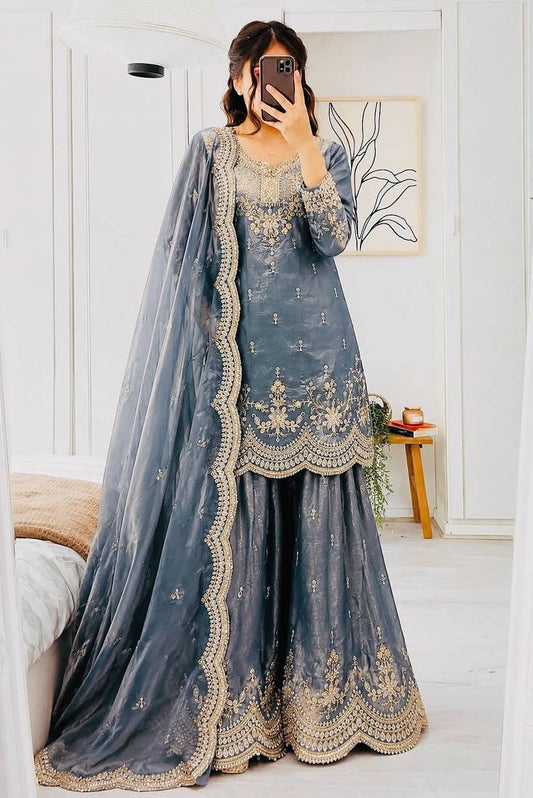Grey Embroidered Sharara Set