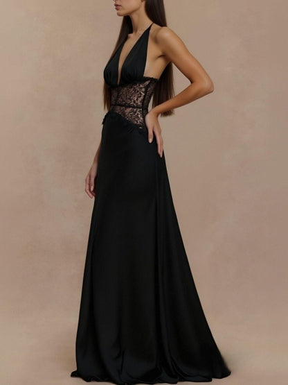 Halter Neck Lace Trimmed Maxi Dress