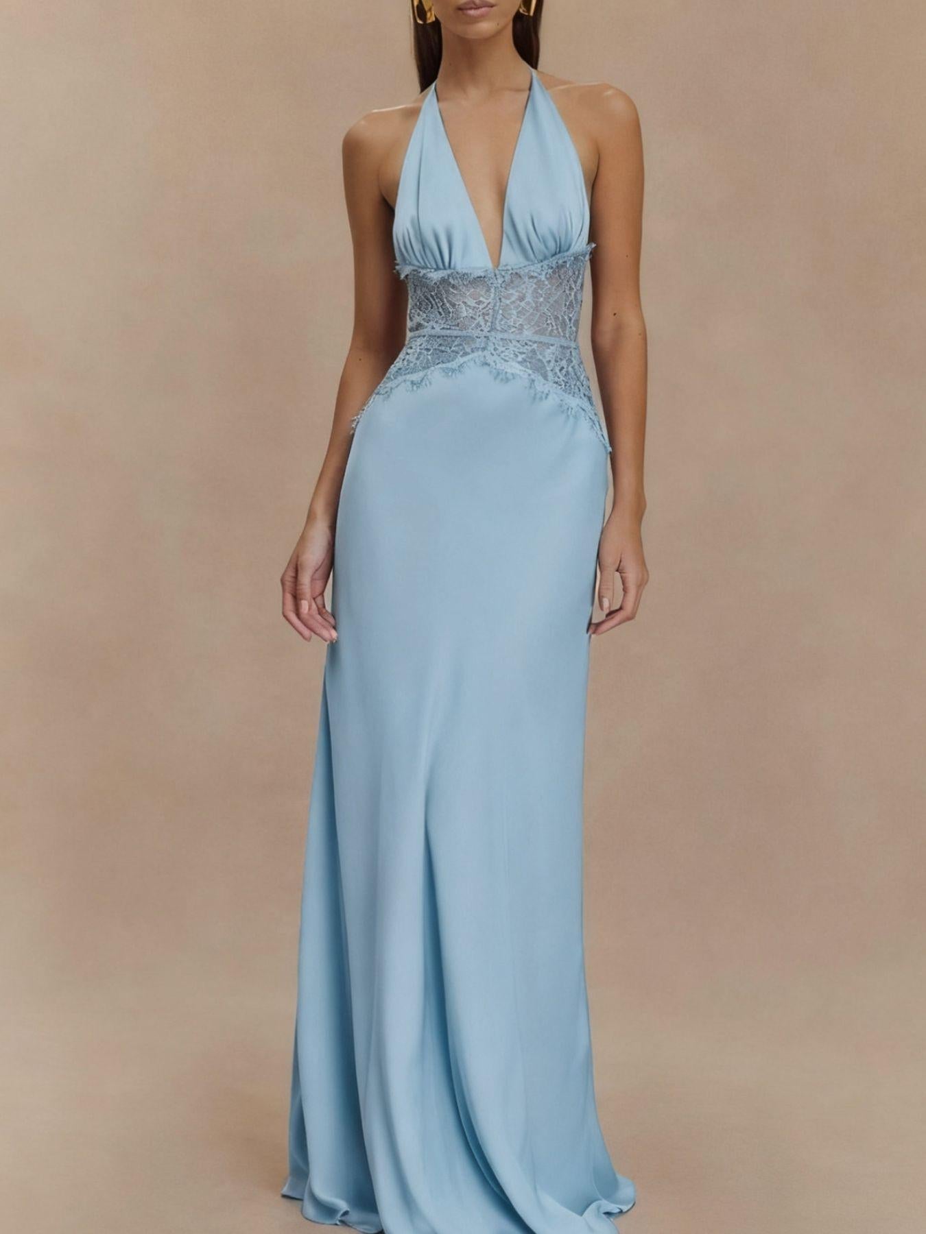 Halter Neck Lace Trimmed Maxi Dress