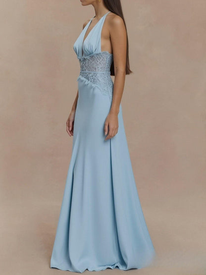 Halter Neck Lace Trimmed Maxi Dress