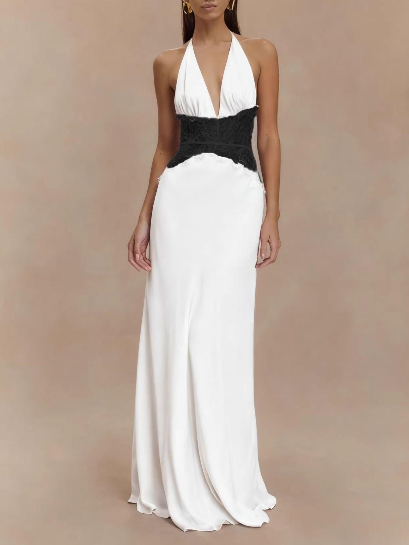 Halter Neck Lace Trimmed Maxi Dress