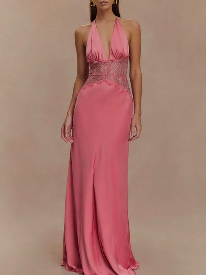 Halter Neck Lace Trimmed Maxi Dress