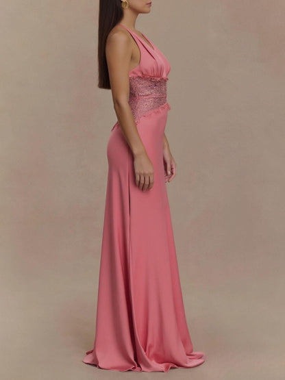 Halter Neck Lace Trimmed Maxi Dress