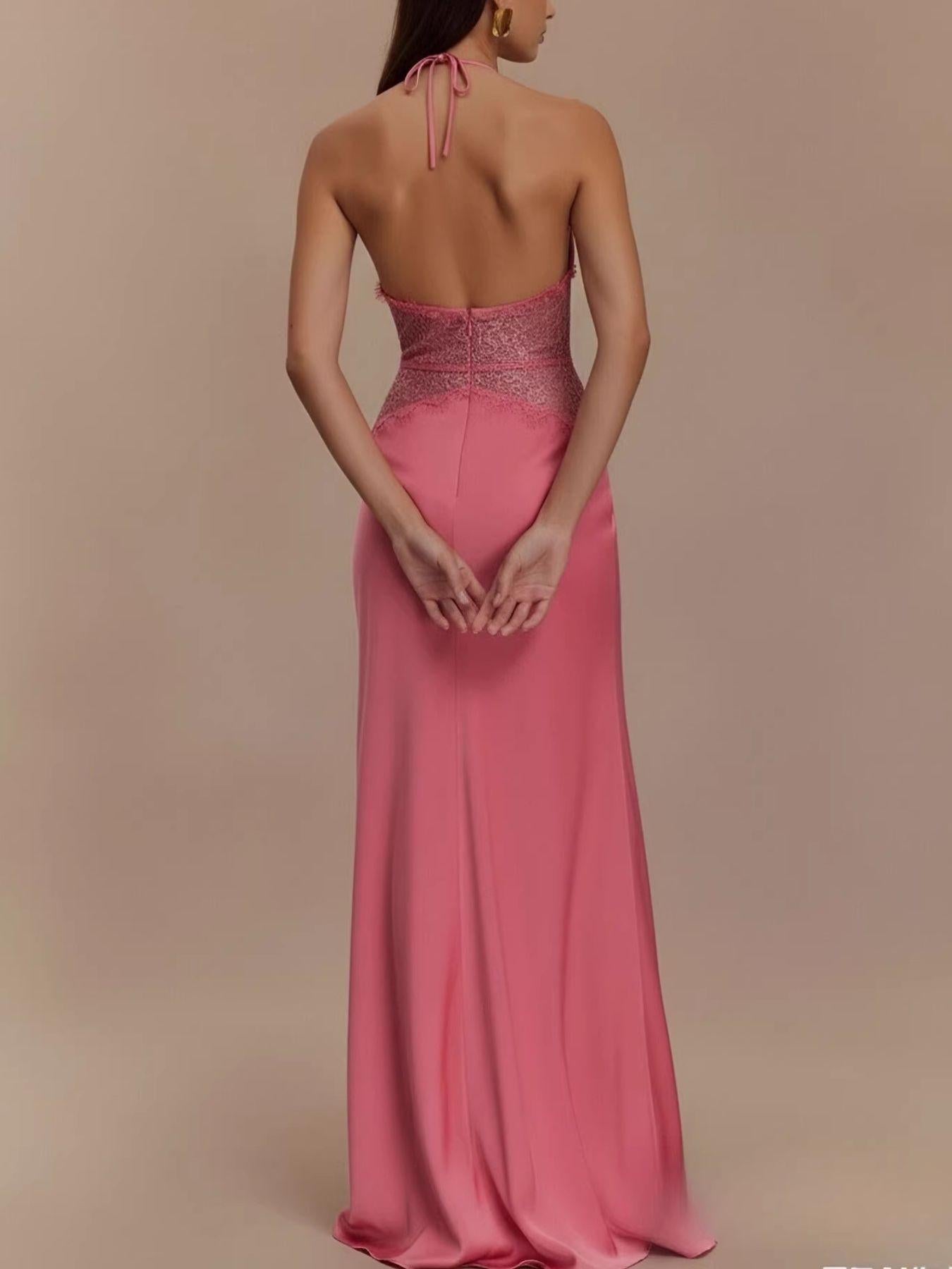 Halter Neck Lace Trimmed Maxi Dress