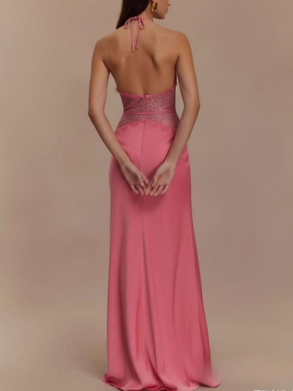 Halter Neck Lace Trimmed Maxi Dress