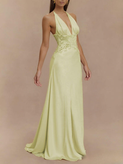 Halter Neck Lace Trimmed Maxi Dress