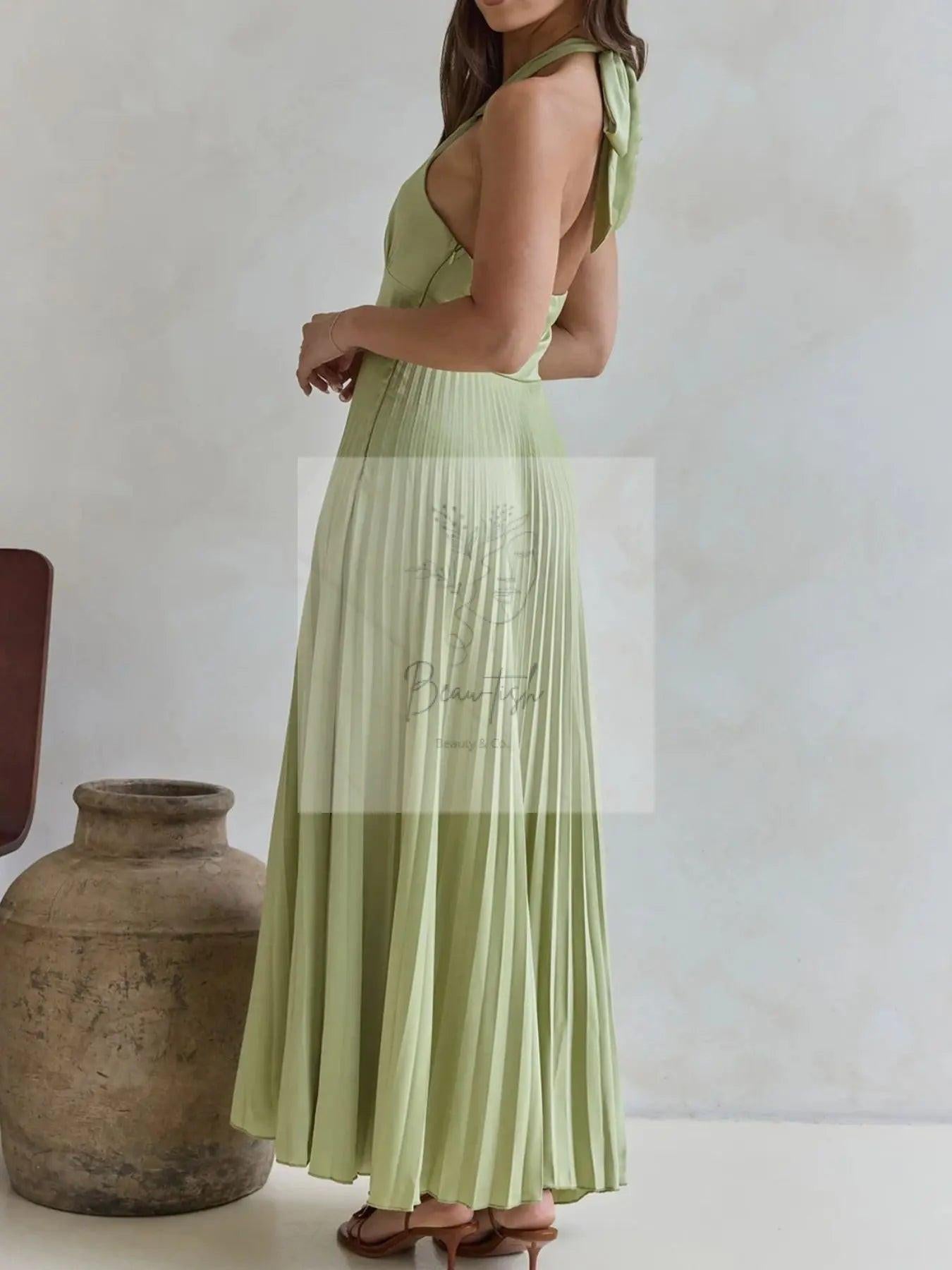 Halter Neck Pleated A-Line Dress