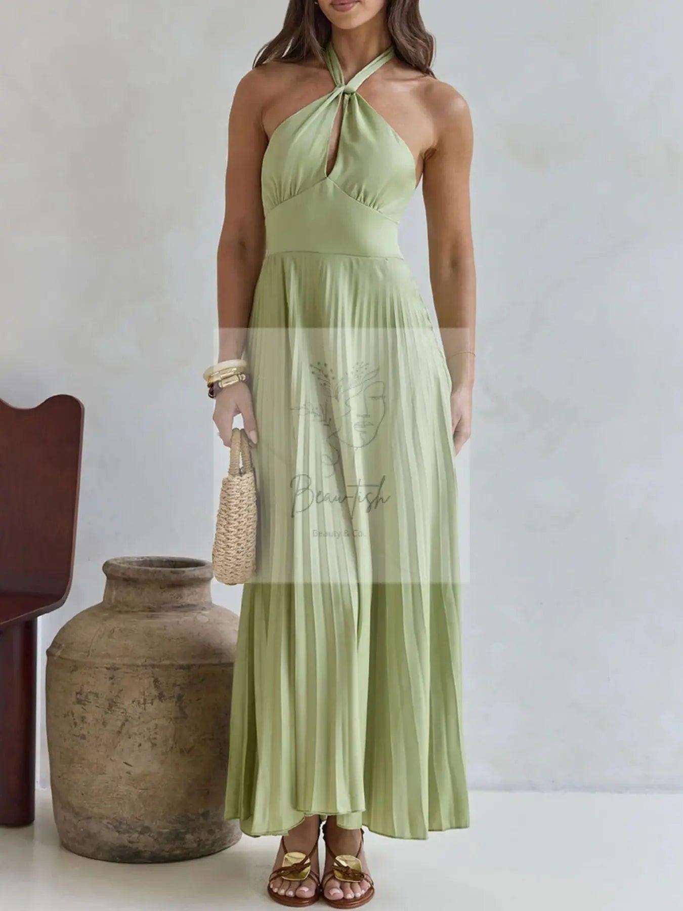 Halter Neck Pleated A-Line Dress