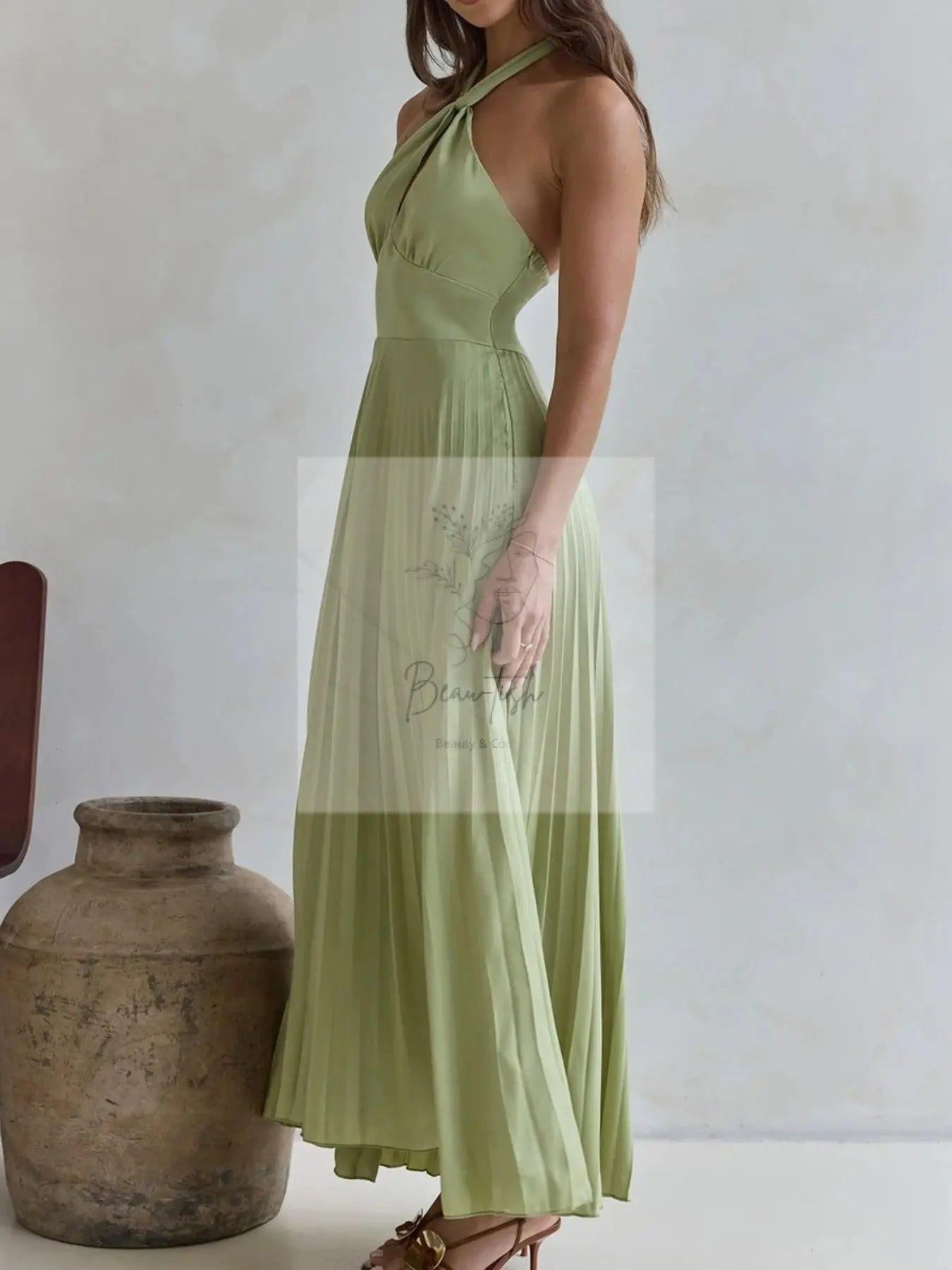 Halter Neck Pleated A-Line Dress