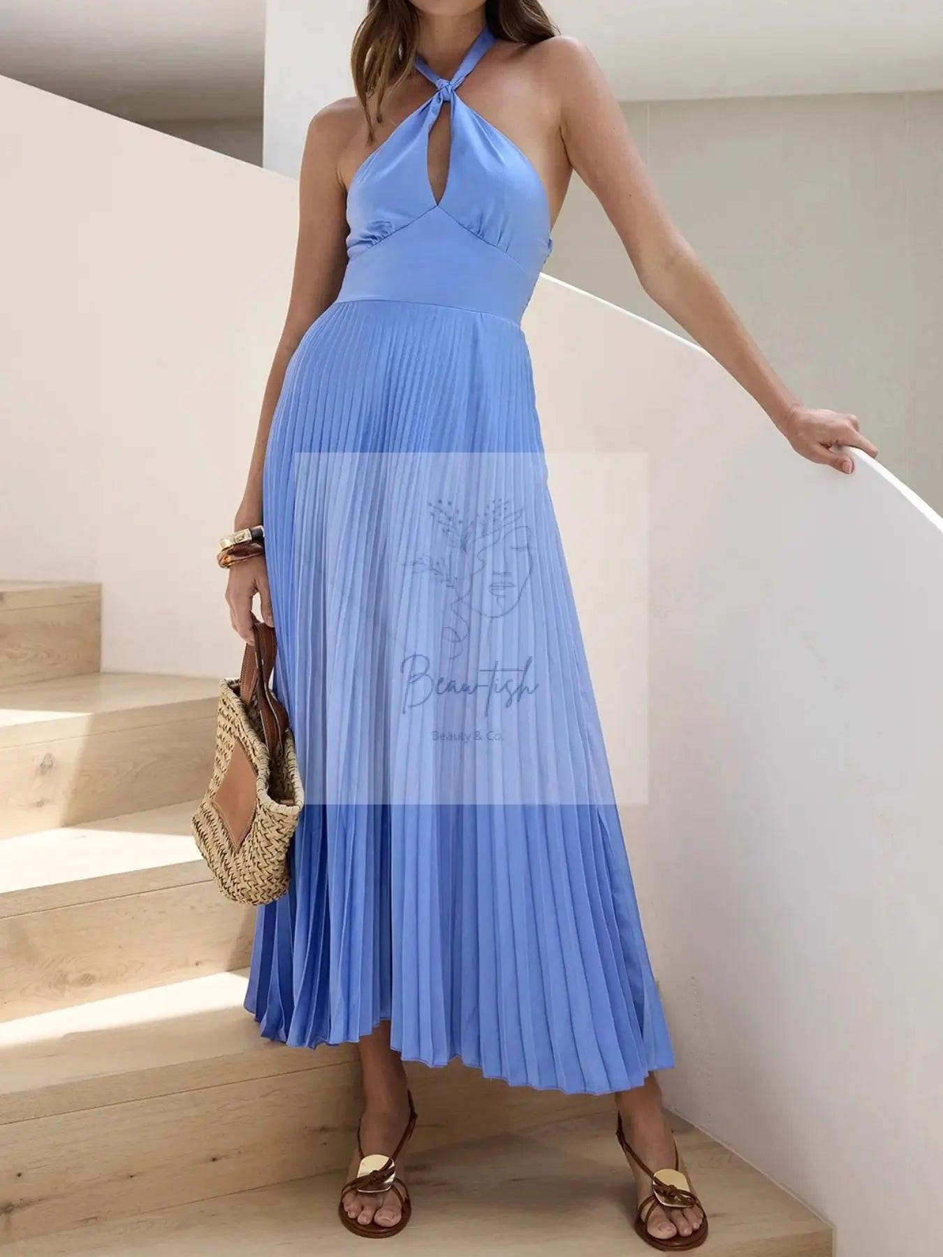 Halter Neck Pleated A-Line Dress