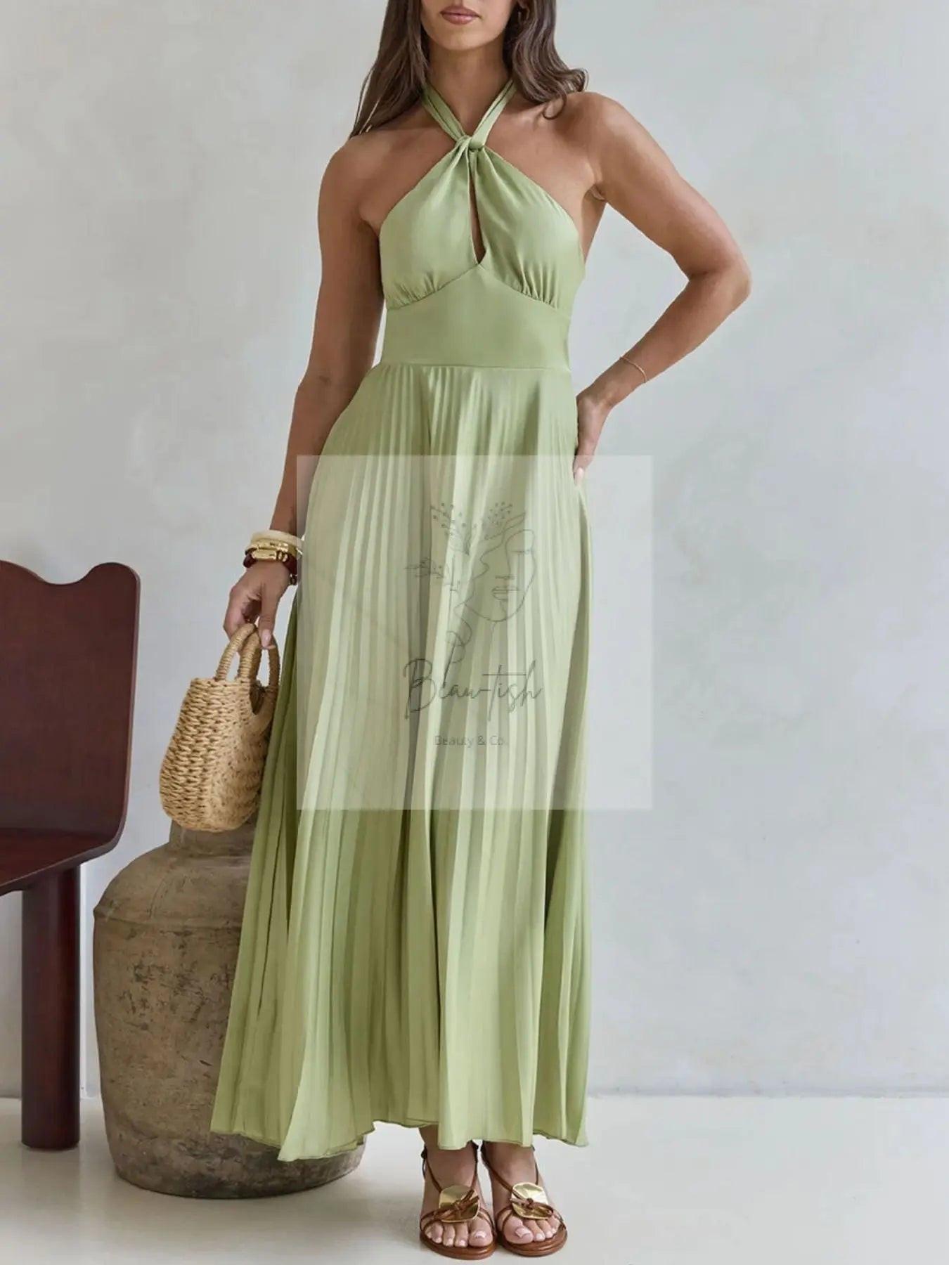 Halter Neck Pleated A-Line Dress