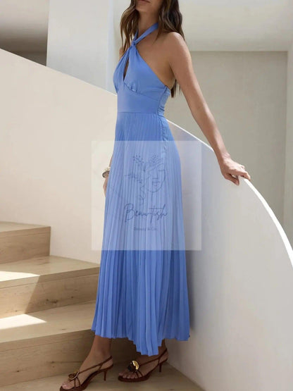 Halter Neck Pleated A-Line Dress