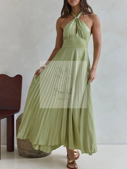 Halter Neck Pleated A-Line Dress