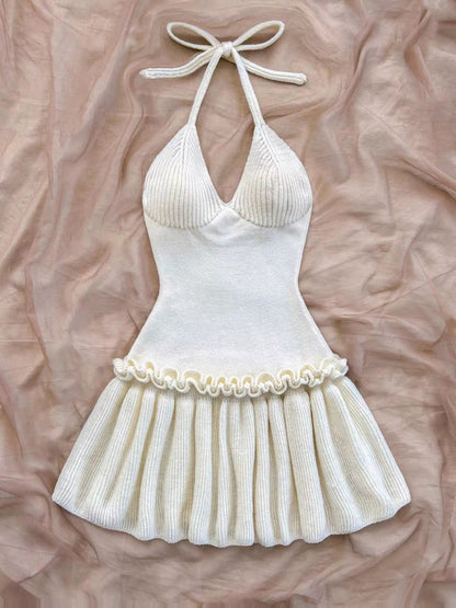 Halter Neck Ruffle Hem Knit Sweater Dress