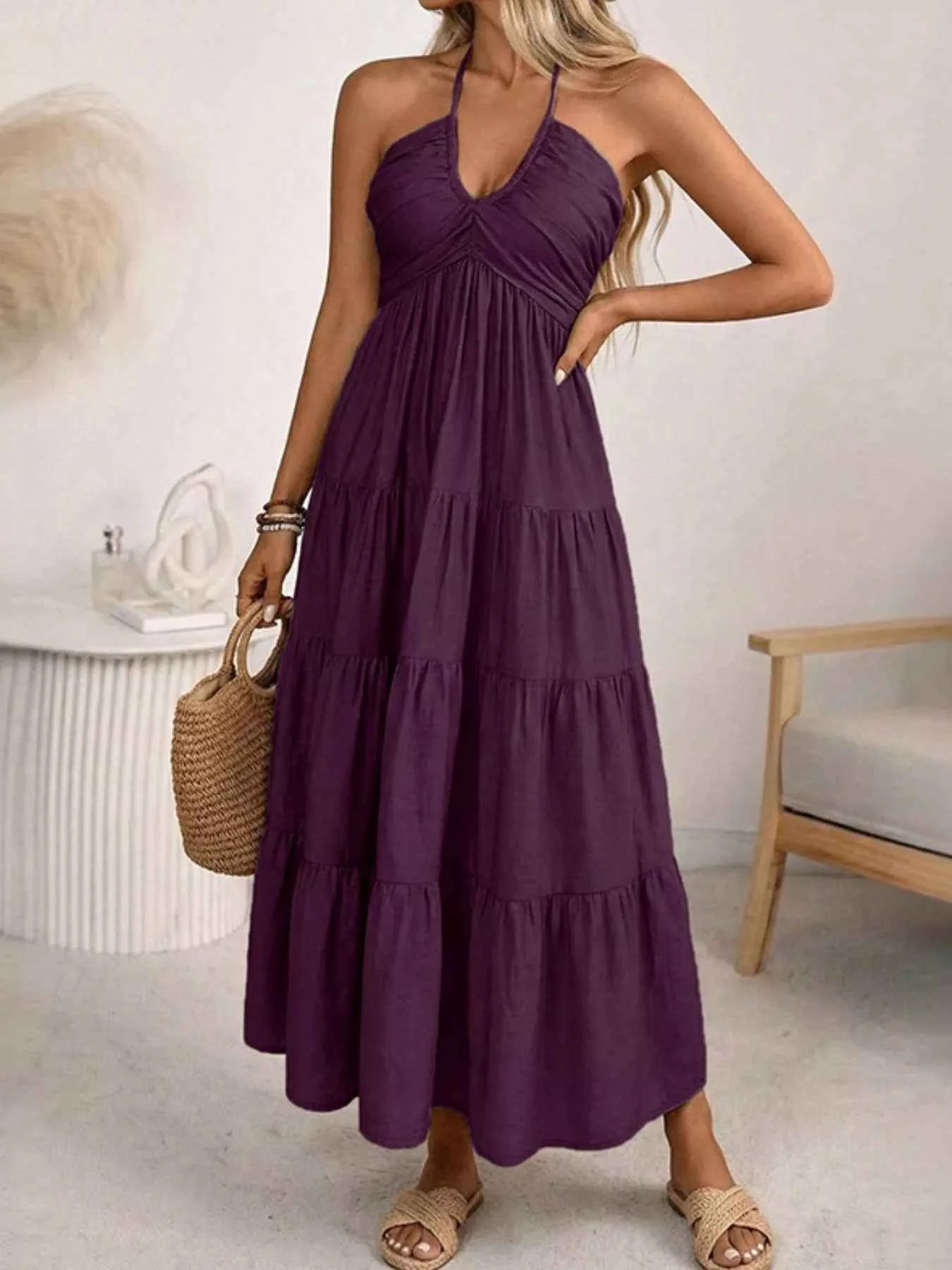 Halter Neck Tiered Midi Dress