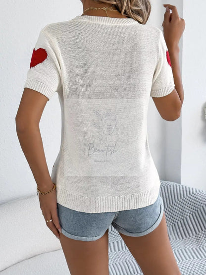Heart Pattern Short Sleeve Knit Top