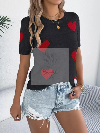 Heart Pattern Short Sleeve Knit Top